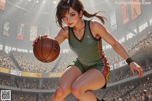 A woman in a basketball uniform holding a basketball on a court.