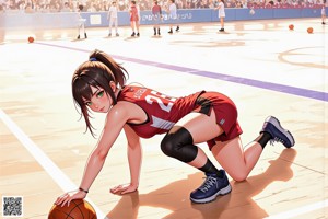 A woman in a basketball uniform dribbling a basketball on a court.