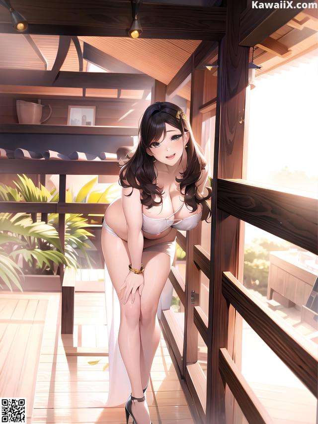 A woman in a white bikini standing on a balcony.