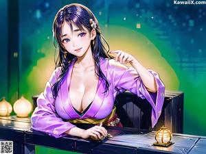 A woman in a purple kimono sitting on a wooden bench.