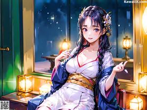 A girl in a kimono sitting on the ground.