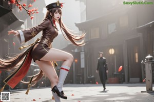 A woman in a military uniform is flying through the air.