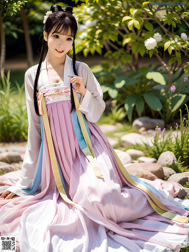 A woman in a pink and blue dress sitting on the ground.