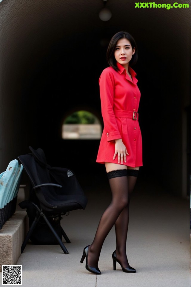 A woman in a red dress and black stockings posing for a picture.