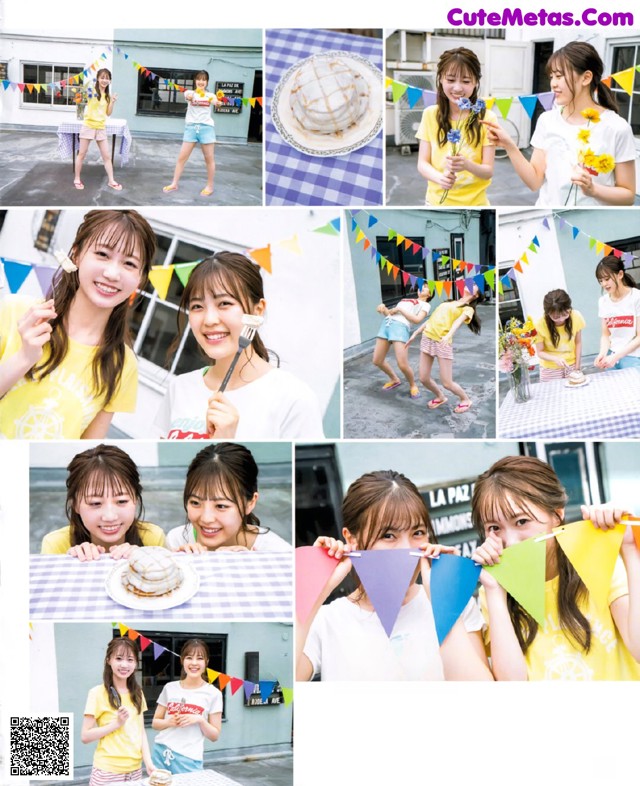 A collage of photos of a group of young women eating food.