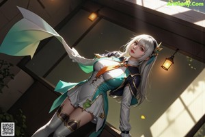 A woman with long white hair standing in a room.
