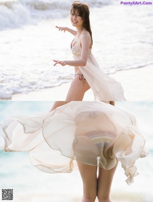 A woman in a white bikini leaning against a window.