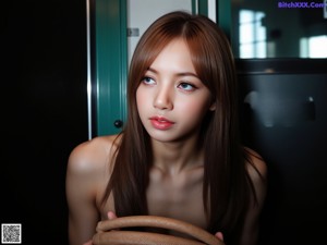 A naked asian woman sitting on a yellow couch.