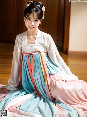 A woman in a blue and pink hanbok is posing for a picture.