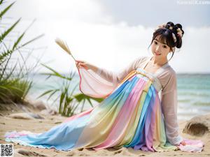 A woman in a pink and blue hanbok is posing for a picture.