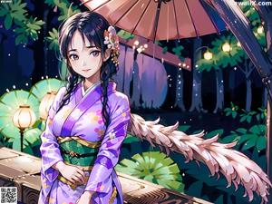 A woman in a kimono sitting on a chair holding an umbrella.