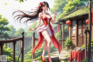 A woman in a red dress is walking down a path.