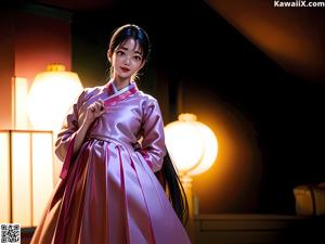 A woman in a red kimono sitting on a table.