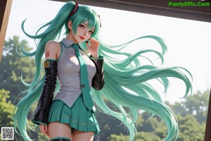 A woman with long blue hair sitting on top of a box.