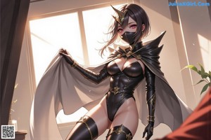 a sexy anime girl with big tits and a mask