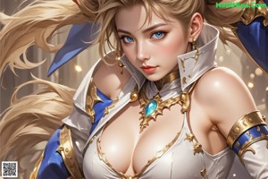 A woman with long blonde hair wearing a blue and white outfit.
