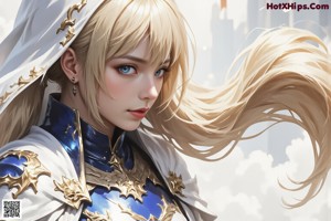 A woman with long blonde hair standing in front of a castle.