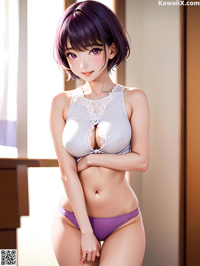 A woman in a white bra and purple panties posing for a picture.