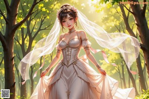 A woman in a wedding dress standing in front of a tree.