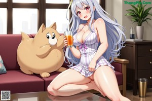 A cartoon of a woman with big tits sitting on a bed.