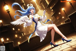 A woman in a blue and gold outfit holding a sword.