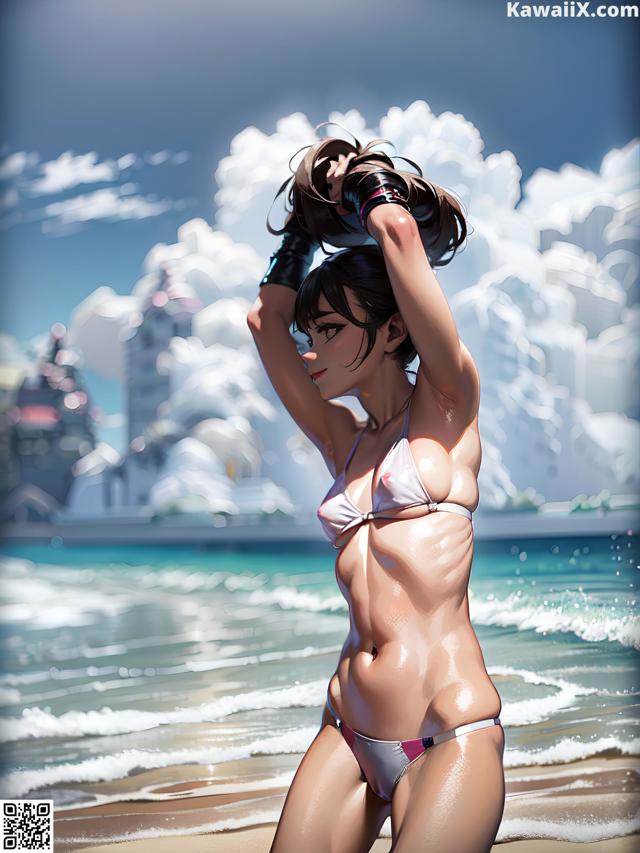 A woman in a bikini standing on a beach.