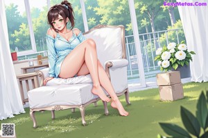 A woman in a green dress sitting on a bed.