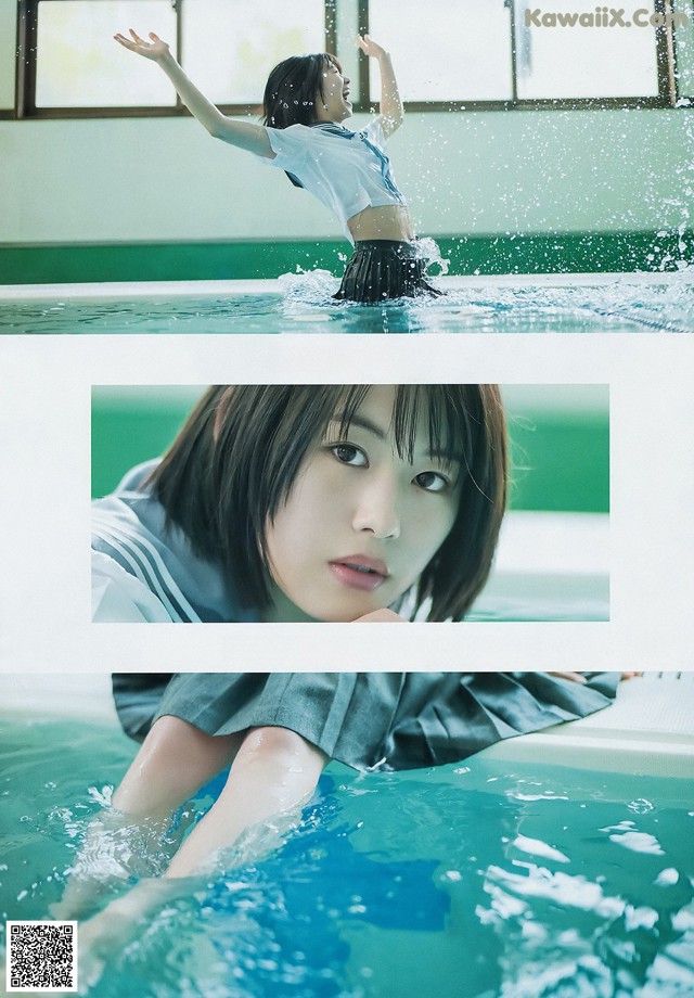 A woman in a school uniform is floating in a pool.