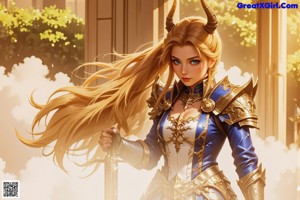 A woman in armor holding a sword in a forest.