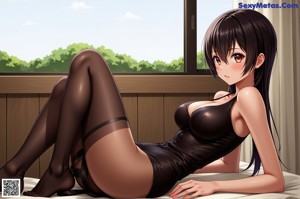 Anime girl with big tits posing in front of a window.