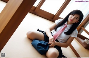 A woman in a school uniform sitting on a rock by a waterfall.