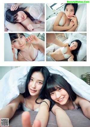 A couple of women sitting on top of a bed next to each other.