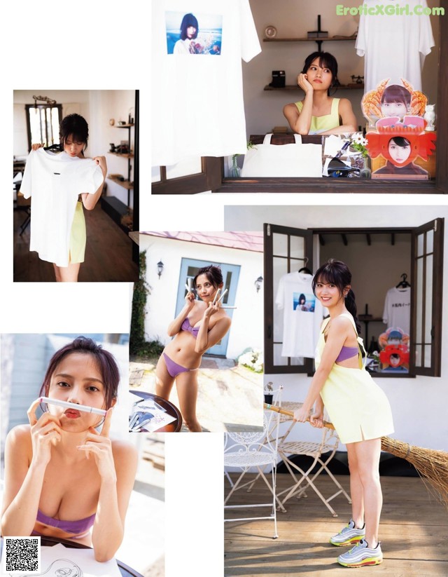 A collage of photos of a woman in a bikini and a t-shirt.