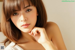 A woman sitting on a bed in a hotel room.