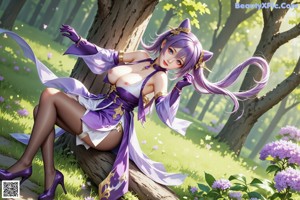 A woman in a purple and white outfit posing for a picture.
