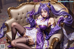 A woman in a purple and white dress with long purple hair.