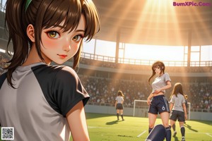 A woman in a white shirt standing on a soccer field.