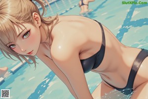 A woman in a white bikini sitting in a pool.