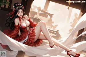 A woman in a red and white dress with a flower in her hair.