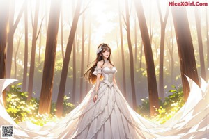 A woman in a wedding dress sitting in the woods.