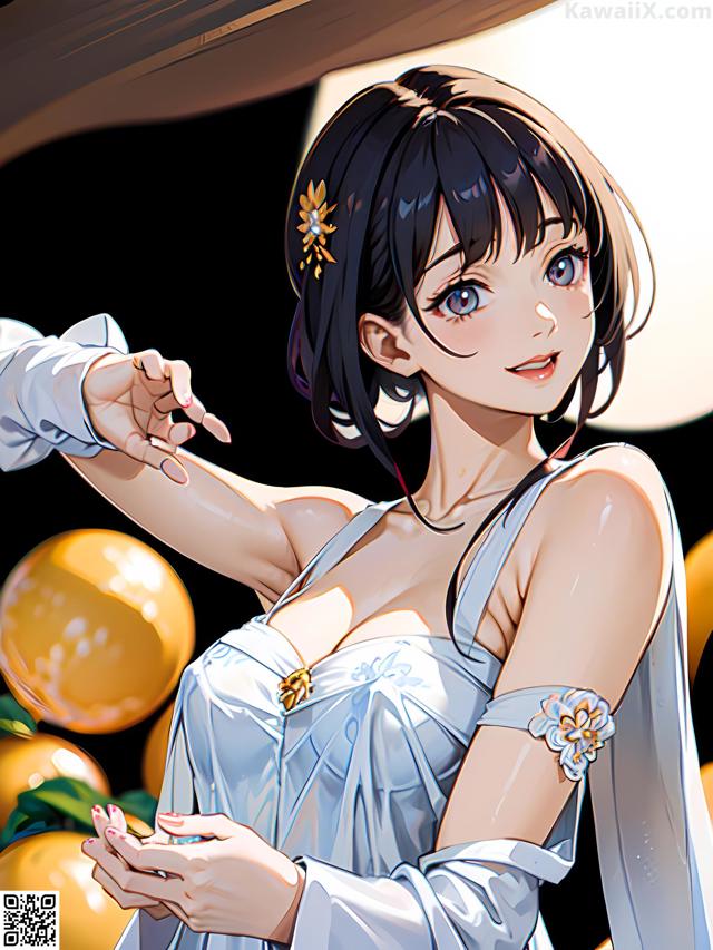 A woman in a white dress standing in front of oranges.