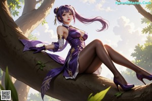 A woman in a purple outfit sitting on a wooden bench.