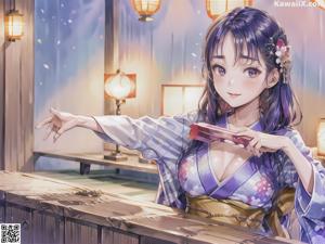 A woman in a blue kimono holding an umbrella.