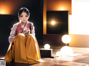 A woman in an orange kimono sitting on a wooden bench.