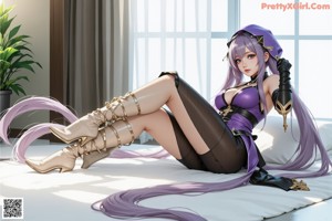 A woman with long purple hair standing in a room.